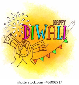 Colourful Text Diwali with Firecrackers, Beautiful greeting card for Hindu Community Festival of Lights Celebration, Vector illustration.