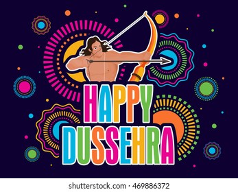 Colourful Text Happy Dussehra with illustration of Lord Rama holding bow and arrow on colorful abstract background, Can be used as Poster, Banner or Flyer design.