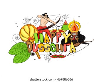 Colourful Text Happy Dussehra of Sona Patta (Golden Leaf), Mace (Gada), Lord Rama, Ravana and other elements, Can be used as Poster, Banner or Flyer design for Indian Festival celebration.