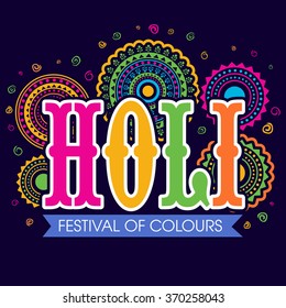 Colourful text Holi on floral decorated background for Indian Festival of Colours celebration.