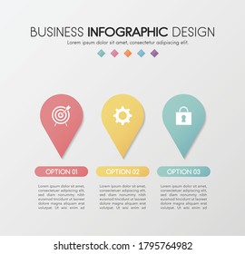 Colourful timeline infographic with 3 options. Flowchart. Vector