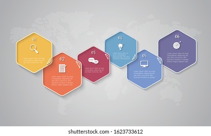Colourful timeline infographic with 6 text boxes on world map background for business, start up or technology 