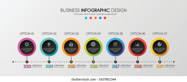 Colourful timeline infographic with 7 steps. Vector