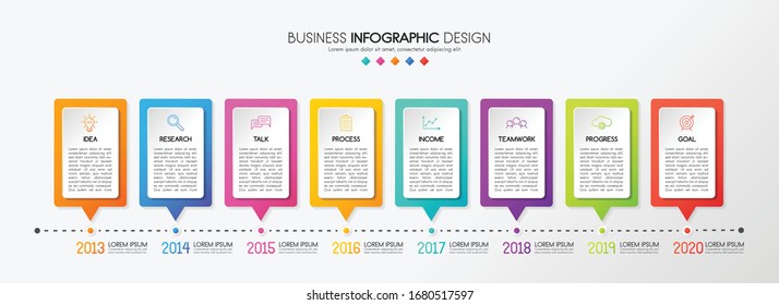 Colourful timeline infographic with 8 options. Vector