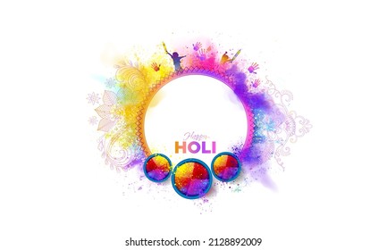 Colourful traditional Holi Festival templet banner design with floral and children playing holi pichkari