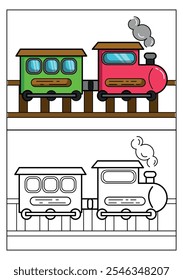 Colourful Train vehicle vector with black and white outline for page coloured illustration