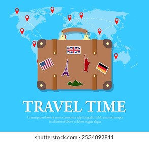 Colourful travel concept vector flat banner with travel bag and world map. travel suitcase with funky stickers