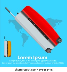 Colourful travel and trip concept vector flat banner with travel bag and world map.
