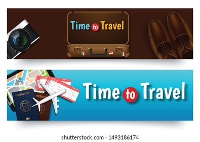 Colourful travel vector flat banner set for your business. Quality design illustrations, elements and concept. Trip plan. Vacation in Paradise. Vector illustration