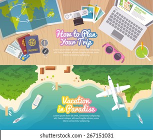 Colourful Travel Vector Flat Banner Set For Your Business, Web Sites Etc. Quality Design Illustrations, Elements And Concept. Trip Plan. Vacation In Paradise. Top View. 