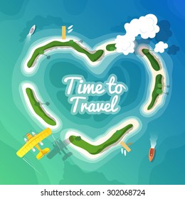 Colourful travel vector flat illustration for your business, web sites etc. Quality design illustration, elements and concept. Time to Travel. Vacation in Paradise. Top view. 