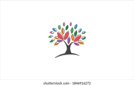 Colourful tree logo with black trunk in minimal vector style