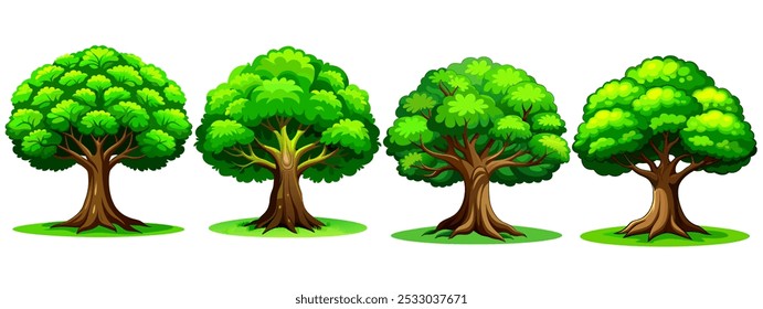 colourful trees set isolated on white. cartoon detailed high quality vector trees for design, infographics, web, app, ui etc use. cute trees colour set. big oak trees reflecting nature, jungle, forest
