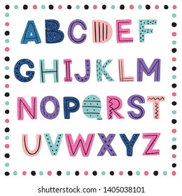 Colourful trendy alphabet for your banners or invitations. Set of hand drawn letters made in vector. Scandinavian style. 