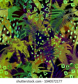 Colourful trendy seamless exotic pattern with palm, tropical plants and hand drawn textures. Modern abstract design for paper, wallpaper, cover, fabric and other users. Vector illustration.
