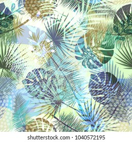 Colourful trendy seamless exotic pattern with tropical plants and hand drawn textures. Modern abstract design for paper, wallpaper, cover, fabric and other users. Vector illustration.
