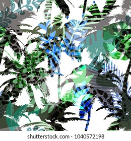 Colourful trendy seamless exotic pattern with palm and animal prints. Modern abstract design for paper, wallpaper, cover, fabric and other users. Vector illustration.