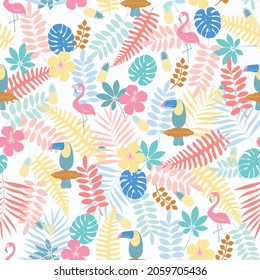 COLOURFUL TROPICAL CLIMATE BORDS AND LEAF SEAMLESS PATTERN VECTOR ILLUSTRATION