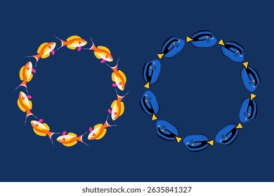 Colourful tropical fish frame on blue background. For kids projects, greeting cards and ocean-themed designs. Space for text. 