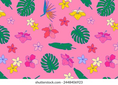 Colourful tropical leaves and flowers pattern on pink background. Exotic plants backdrop. Design for textile, wallpaper, summer fashion. Botanical and jungle concept.