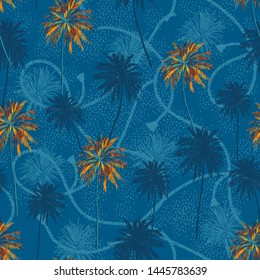 Colourful of tropical palm trees on summer texture and marine rope seamless pattern Design for fashion, fabric, wallpaper and all prints on ocean blue background color