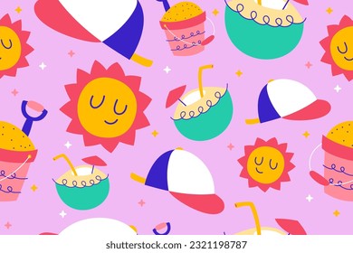 Colourful tropics Summer Seamless Pattern. Hand drawn doodle beauty beach summertime kids background wallpaper for fashion graphic print, textile, apparel, wrapping paper vector