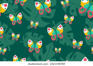 Colourful tropics Summer Seamless Pattern. Hand drawn doodle beauty beach summertime kids background wallpaper for fashion graphic print, textile, apparel, wrapping paper vector