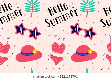 Colourful tropics Summer Seamless Pattern. Hand drawn doodle beauty beach summertime kids background wallpaper for fashion graphic print, textile, apparel, wrapping paper vector