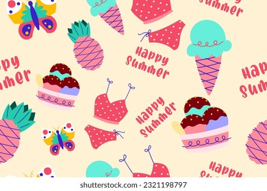 Colourful tropics Summer Seamless Pattern. Hand drawn doodle beauty beach summertime kids background wallpaper for fashion graphic print, textile, apparel, wrapping paper vector