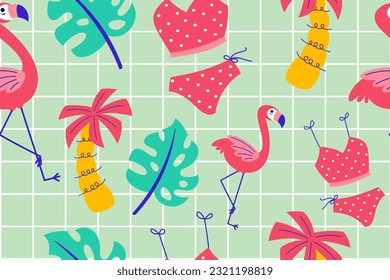 Colorido trópico patrón veraniego sin problemas. Papel de fondo de la playa de belleza de doodle dibujado a mano verano niños de fondo para la impresión gráfica de moda, textil, prendas de vestir, vectores de papel envolvente