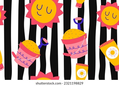 Colourful tropics Summer Seamless Pattern. Hand drawn doodle beauty beach summertime kids background wallpaper for fashion graphic print, textile, apparel, wrapping paper vector