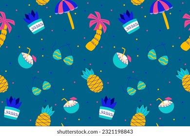 Colourful tropics Summer Seamless Pattern. Hand drawn doodle beauty beach summertime kids background wallpaper for fashion graphic print, textile, apparel, wrapping paper vector