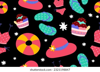 Colourful tropics Summer Seamless Pattern. Hand drawn doodle beauty beach summertime kids background wallpaper for fashion graphic print, textile, apparel, wrapping paper vector