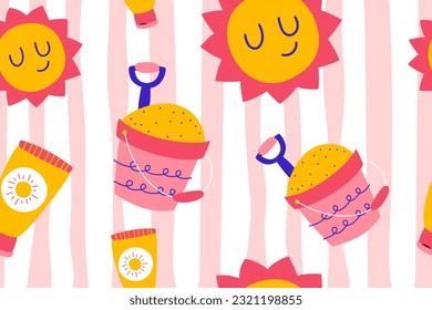 Colourful tropics Summer Seamless Pattern. Hand drawn doodle beauty beach summertime kids background wallpaper for fashion graphic print, textile, apparel, wrapping paper vector