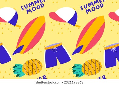 Colourful tropics Summer Seamless Pattern. Hand drawn doodle beauty beach summertime kids background wallpaper for fashion graphic print, textile, apparel, wrapping paper vector