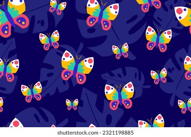 Colourful tropics Summer Seamless Pattern. Hand drawn doodle beauty beach summertime kids background wallpaper for fashion graphic print, textile, apparel, wrapping paper vector