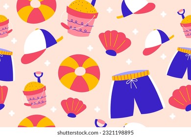 Colourful tropics Summer Seamless Pattern. Hand drawn doodle beauty beach summertime kids background wallpaper for fashion graphic print, textile, apparel, wrapping paper vector