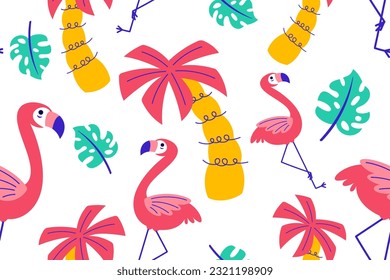 Colorido trópico patrón veraniego sin problemas. Papel de fondo de la playa de belleza de doodle dibujado a mano verano niños de fondo para la impresión gráfica de moda, textil, prendas de vestir, vectores de papel envolvente