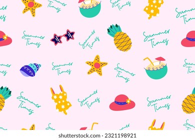 Colourful tropics Summer Seamless Pattern. Hand drawn doodle beauty beach summertime kids background wallpaper for fashion graphic print, textile, apparel, wrapping paper vector