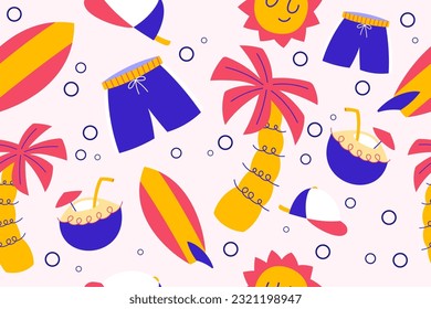 Colorido trópico patrón veraniego sin problemas. Papel de fondo de la playa de belleza de doodle dibujado a mano verano niños de fondo para la impresión gráfica de moda, textil, prendas de vestir, vectores de papel envolvente