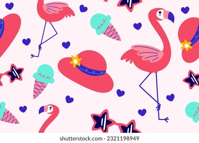 Colourful tropics Summer Seamless Pattern. Hand drawn doodle beauty beach summertime kids background wallpaper for fashion graphic print, textile, apparel, wrapping paper vector