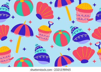 Colourful tropics Summer Seamless Pattern. Hand drawn doodle beauty beach summertime kids background wallpaper for fashion graphic print, textile, apparel, wrapping paper vector