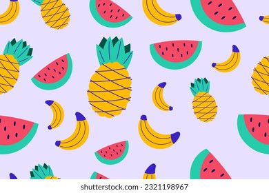 Colourful tropics Summer Seamless Pattern. Hand drawn doodle beauty beach summertime kids background wallpaper for fashion graphic print, textile, apparel, wrapping paper vector