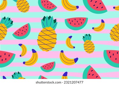 Colorido trópico patrón veraniego sin problemas. Papel de fondo de la playa de belleza de doodle dibujado a mano verano niños de fondo para la impresión gráfica de moda, textil, prendas de vestir, vectores de papel envolvente