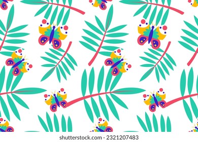 Colourful tropics Summer Seamless Pattern. Hand drawn doodle beauty beach summertime kids background wallpaper for fashion graphic print, textile, apparel, wrapping paper vector