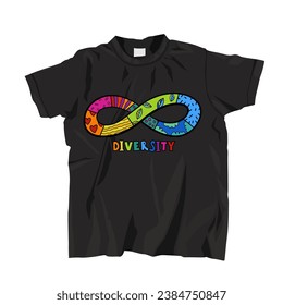 Colourful t-shirt design with Infinity symbol composed of a vibrant spectrum of colors. This gradient represents the diversity of human minds and experiences. Hand-drawn editable vector illustration.