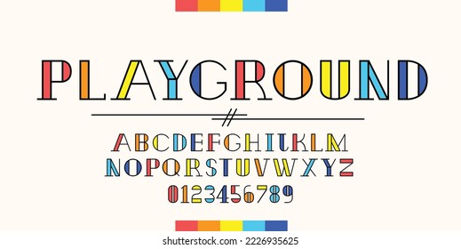 Colourful typography for kid. Geometric shape fonts. Festive letters for headline, cover title, poster, brand, logo.