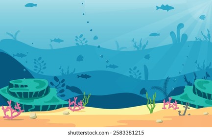 Colourful underwater background landscape, silhouette layers of fish and reef, deep blue ocean or sea marine scene with copy space