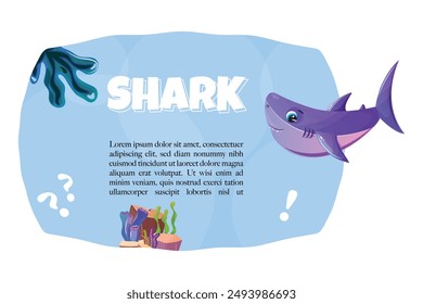Colourful underwater banner featuring a cute shark with the headline shark