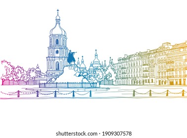 Colourful Urban landscape in hand drawn sketch style. Nice cityscape of the old Kiev, Ukraine.  Ink line sketch. Vector illustration on white.